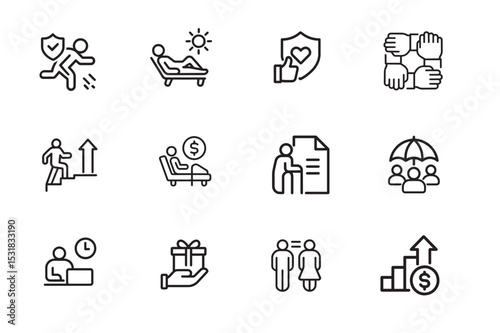 Employee Benefits and Human Resources Icons Set – Corporate Wellness and Compensation Symbols
