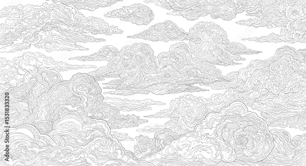 Naklejka premium Intricate line art illustration featuring a detailed sky filled with swirling clouds and patterns providing a serene, dreamlike atmosphere for creative projects.