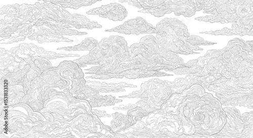 Intricate line art illustration featuring a detailed sky filled with swirling clouds and patterns providing a serene, dreamlike atmosphere for creative projects.