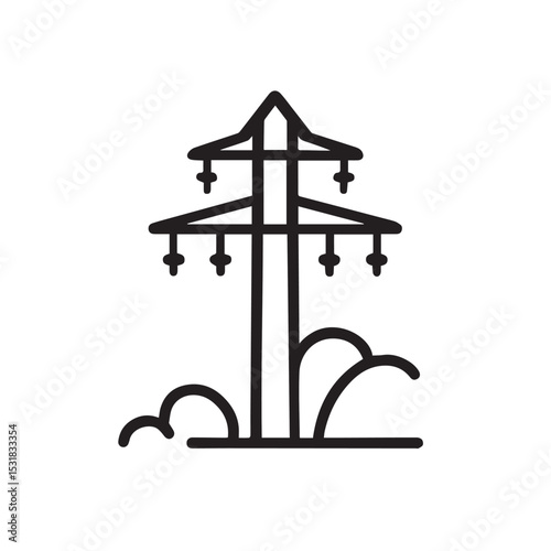 Power Transmission Tower Line Icon with Bushes – Electric Utility Infrastructure