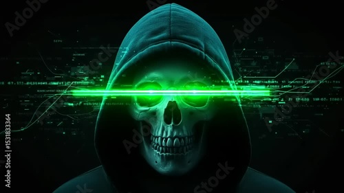Skull in a hoodie with glowing eyes and digital overlay