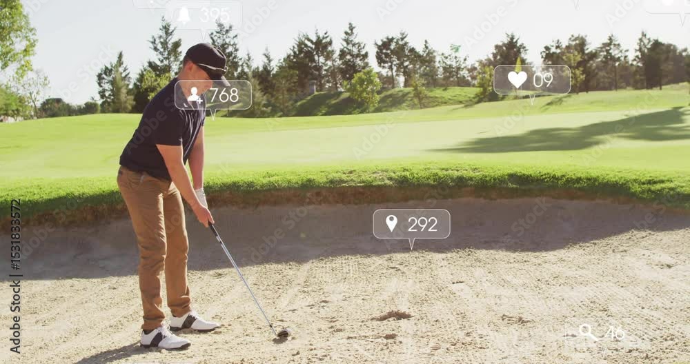 Golfer adjusting stance and initiating backswing with animated metrics appearing in marketing scene Golfer adjusting stance and initiating backswing with animated metrics appearing in marketing scene