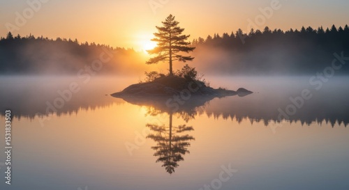 Sunrise over misty lake with solitary pine tree