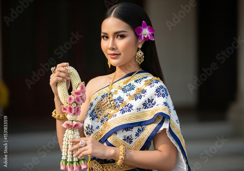 Beautiful Thai woman, Asian, wearing Thai dress with gold jewelry, holding a jasmine garland.