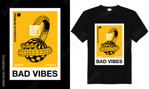 Trendy T-shirt Design: A modern black t-shirt, featuring a geometric art print with "BAD VIBES" written boldly. Showcasing contemporary style and artistic expression.
