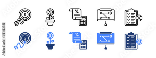 Financial planning icon set with Target, Return On Investment, Tax Calculate, Presentation, Planning.