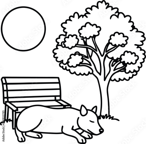 create a pet dog napping under a tree with a circu.eps