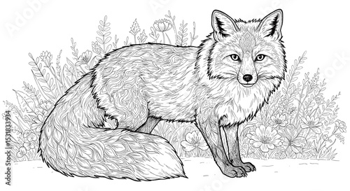 Intricate line art illustration of a fox standing amidst wildflowers and foliage in a detailed scene