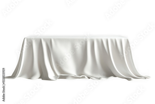 Elegant white silk fabric drape over table, cloth covering furniture, textile decoration, isolated mockup, presentation display isolated on transparent background