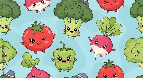 Cute Vegetables Pattern | Broccoli, Tomatoes, Radishes and Peppers on a Light Blue Background for Kids' Products and Food-Related Designs