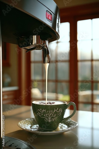 Coffee being poured into a teacup, a kitchen scene