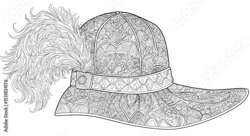 Intricate line art illustration of a musketeer hat adorned with a large feather and ornate patterns