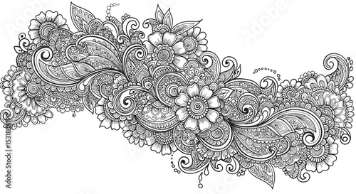 Ornate Floral Design with Intricate Paisley Elements and Swirling Patterns in Detailed Vector Illustration