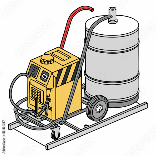 Isometric illustration of a traffic line marking machine used to paint road surface stripes during street maintenance and infrastructure construction projects.