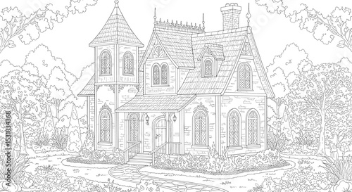 Victorian house with tower and garden in detailed line art for coloring book enthusiasts and artists