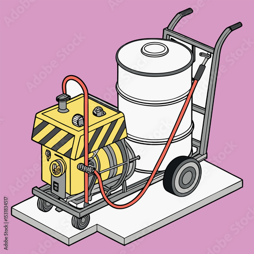 Isometric depiction of a line marking machine painting road surface stripes as part of infrastructure construction and street maintenance work.