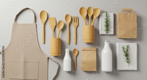 Flatlay of kitchen utensils apron and packaging