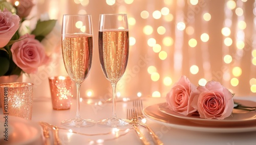 Romantic Celebration: Champagne Flutes, Roses, and Bokeh Lights Ambiance