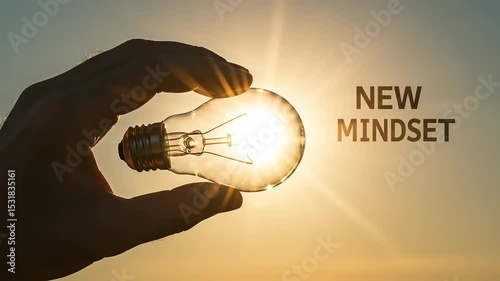 Hand holding lightbulb with text new mindset