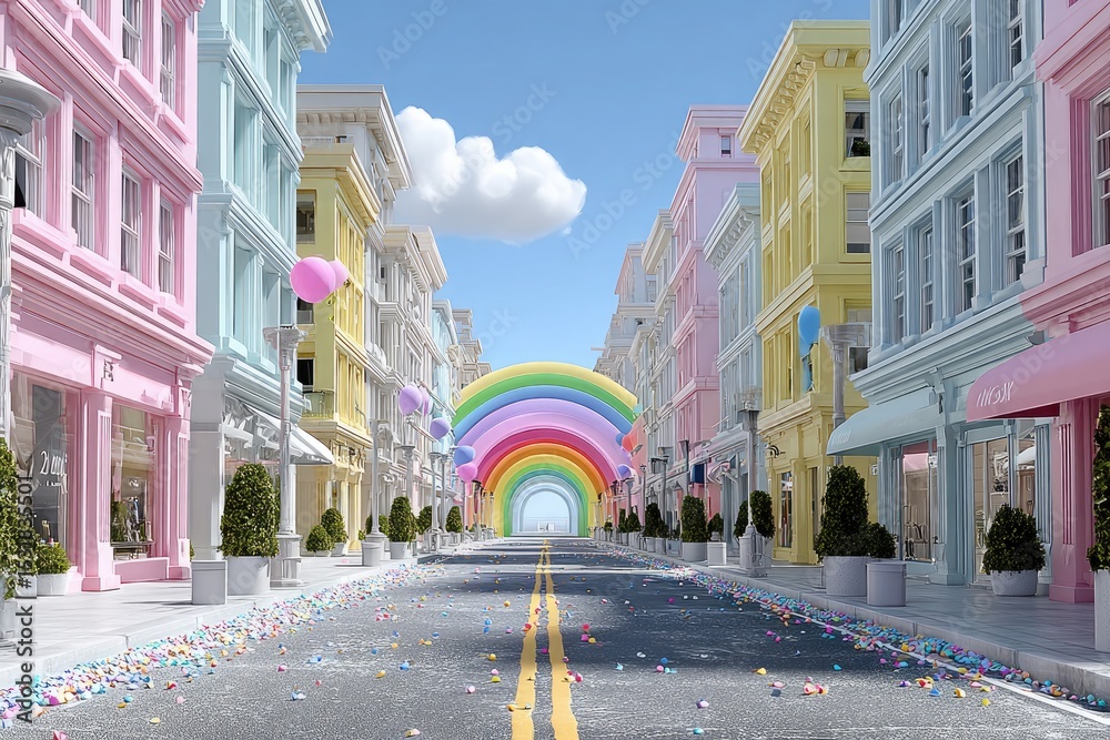 Obraz premium 3D rendering of a rainbow-colored street with vibrant buildings,