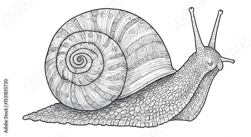 Detailed illustration of a snail with intricate patterns on its shell crawling slowly on a white background