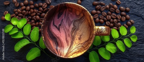 Coffee cup with marbled design and green leaves