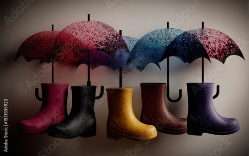 Colorful rain boots and umbrellas