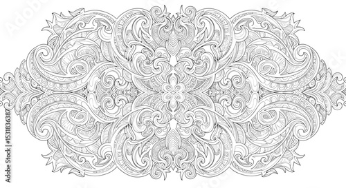 Intricate monochrome vector design featuring symmetrical swirling patterns and detailed ornamental flourishes evoking elegance and sophistication for artistic projects