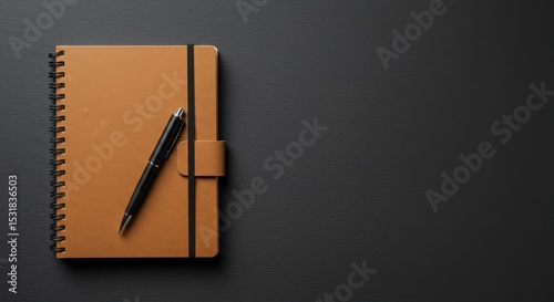 Brown spiral notebook and black pen on dark surface