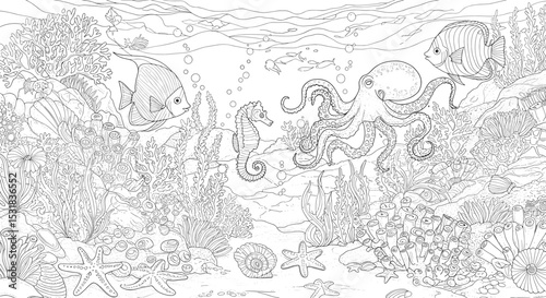 Detailed underwater scene featuring an octopus, seahorse, fish, coral, and marine life in line art style