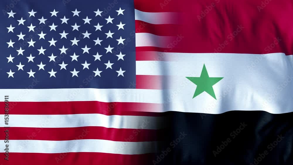 FLAGS OF THE COUNTRIES USA AND SYRIA. A mesmerizing, ultra-slow-motion video of a high-quality flag gracefully waving in the wind, capturing every delicate ripple and fold in stunning detail.