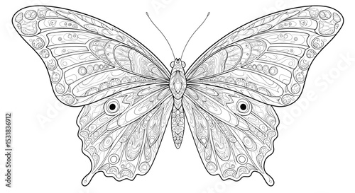 Intricate butterfly illustration with detailed patterns and symmetrical wing designs for coloring enthusiasts