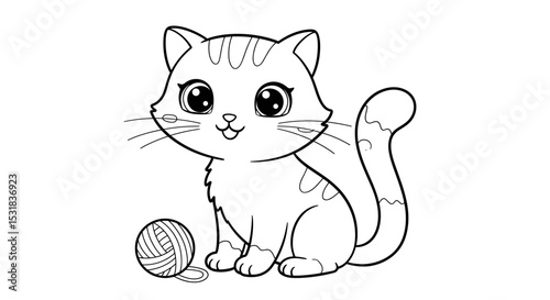 Adorable cartoon cat sitting next to a ball of yarn, with big eyes and playful stripes, perfect for kids projects