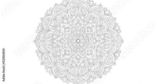 Intricate floral mandala pattern with symmetrical design and decorative elements for relaxation and meditation artwork
