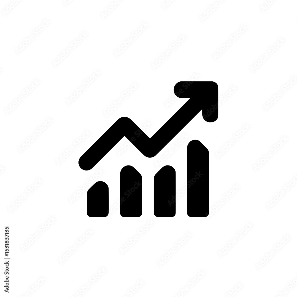Graph and bar chart with upward arrow icon representing growth, analytics, and performance statistics Graph and bar chart with upward arrow icon representing growth, analytics, and performance statistics