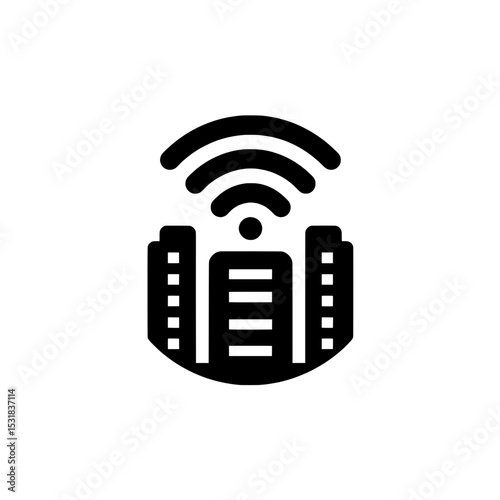Wireless signal and server building icon symbolizing data center, network communication, or IoT infrastructure