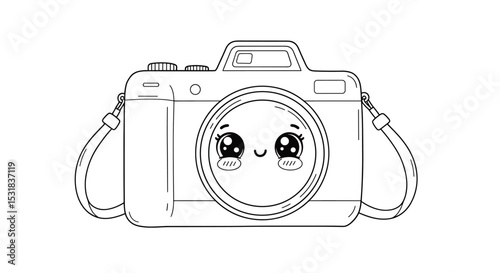 A cute camera with adorable eyes and strap illustration, perfect for photography and creative projects, line art design