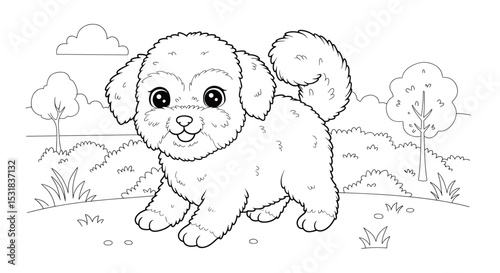 Adorable fluffy puppy in a vibrant outdoor scene coloring page for creative and relaxing pastime activity