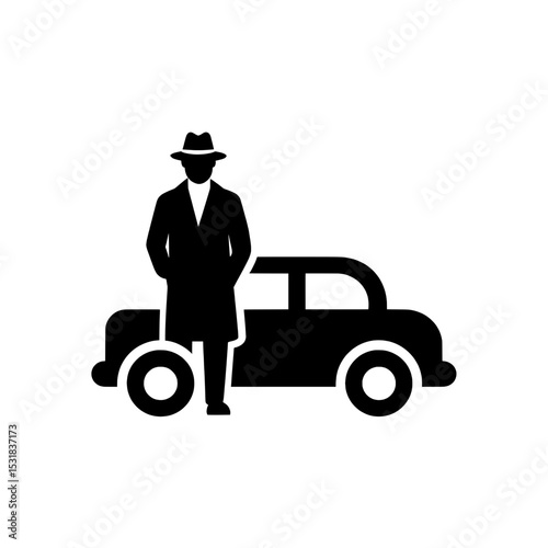 Spy standing beside classic car icon symbolizing private investigator or surveillance scenario
