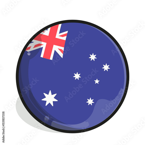 Icon A glossy, round button featuring the Australian flag, complete with the Union Jack and the Southern Cross constellation of white stars on a blue field.
