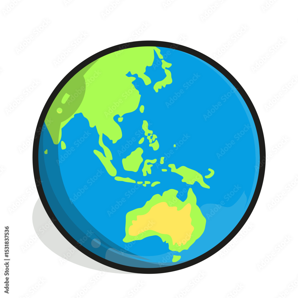 Icon Cartoon Earth globe highlighting East Asia, Southeast Asia, and Australia in bright green and blue. Icon Cartoon Earth globe highlighting East Asia, Southeast Asia, and Australia in bright green and blue.
