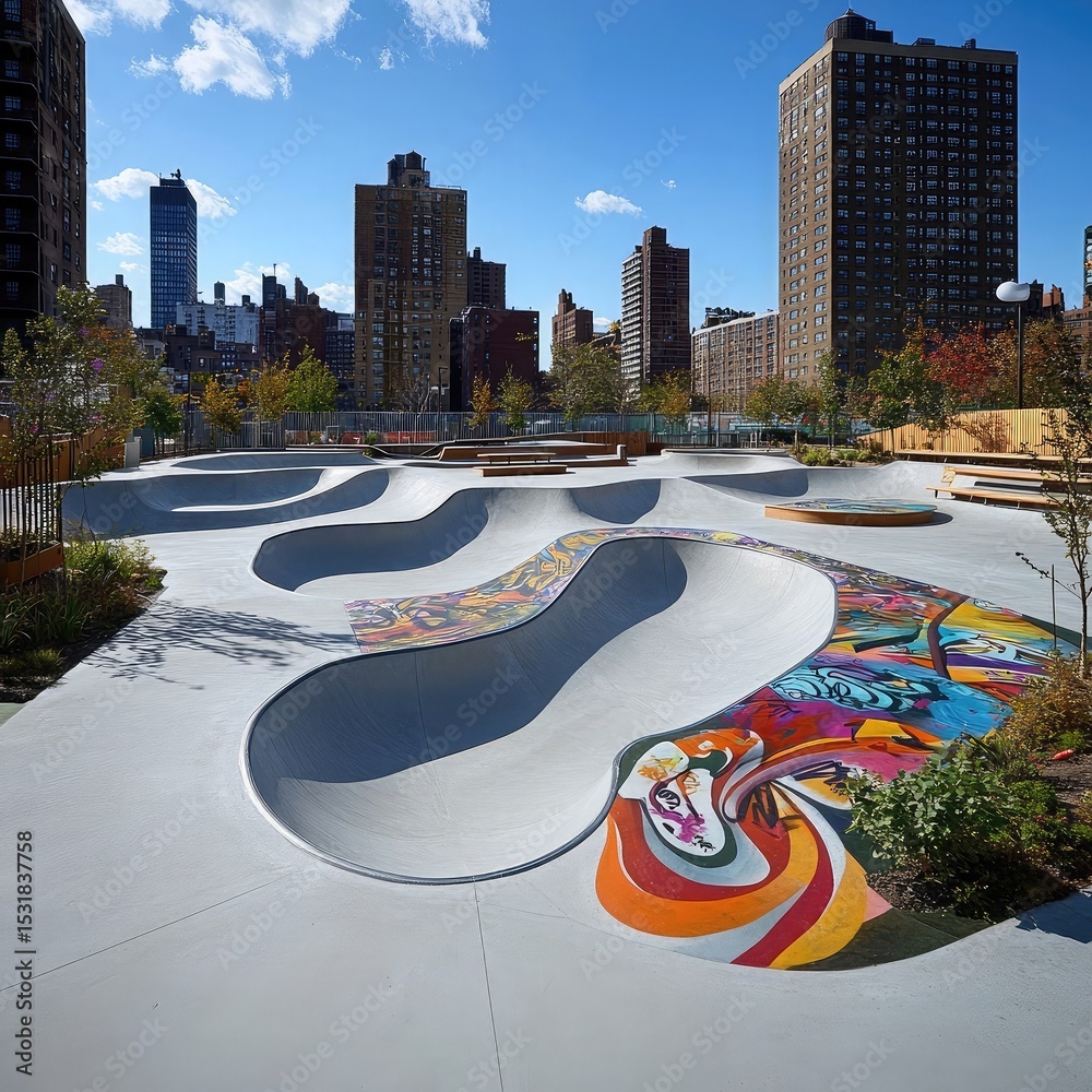 Skate park architecture in urban settings featuring concrete ramps, graffiti art, seating areas, and urban landscaping to create dynamic recreational spaces.