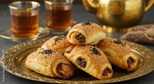 Sweet pastry delights with tea on ornate tray
