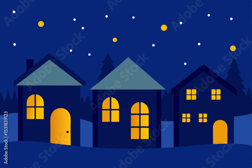 glowing windows in snow covered homes at night  .svg