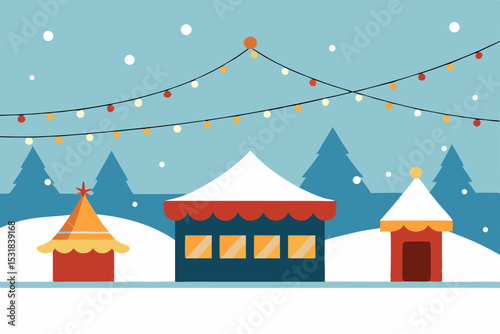 holiday market with string lights and food stalls .svg