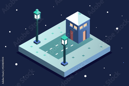 isometric city block in soft snowfall and streetli.svg