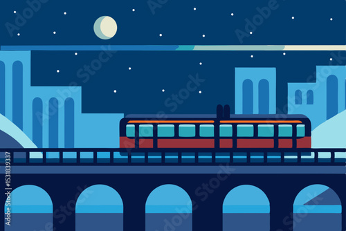 light rail train crossing bridge in snowy urban ni.svg