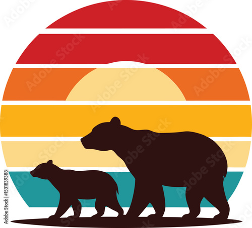 Bear and cubs silhouette with retro vintage striped sunset 