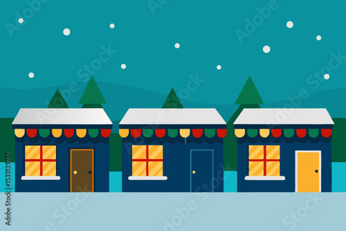 row of shops with festive lights in a snowy distri.svg