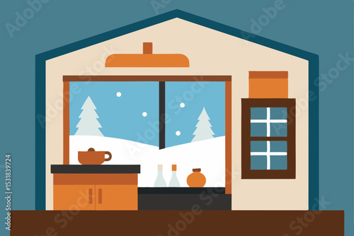 rustic kitchen with winter scene visible through w.svg